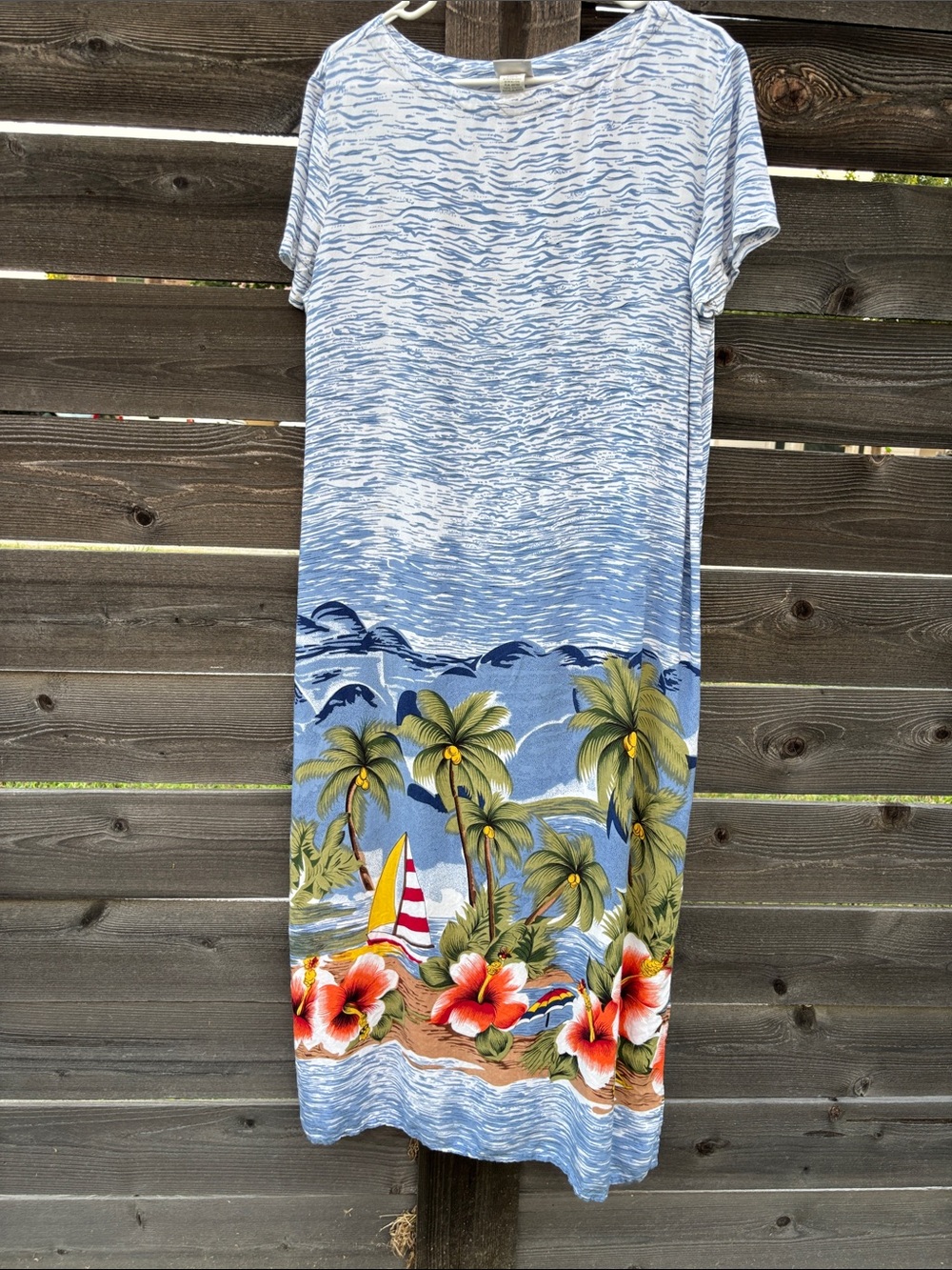 Tropical Palm & Hibiscus Print Tee Dress — Blue